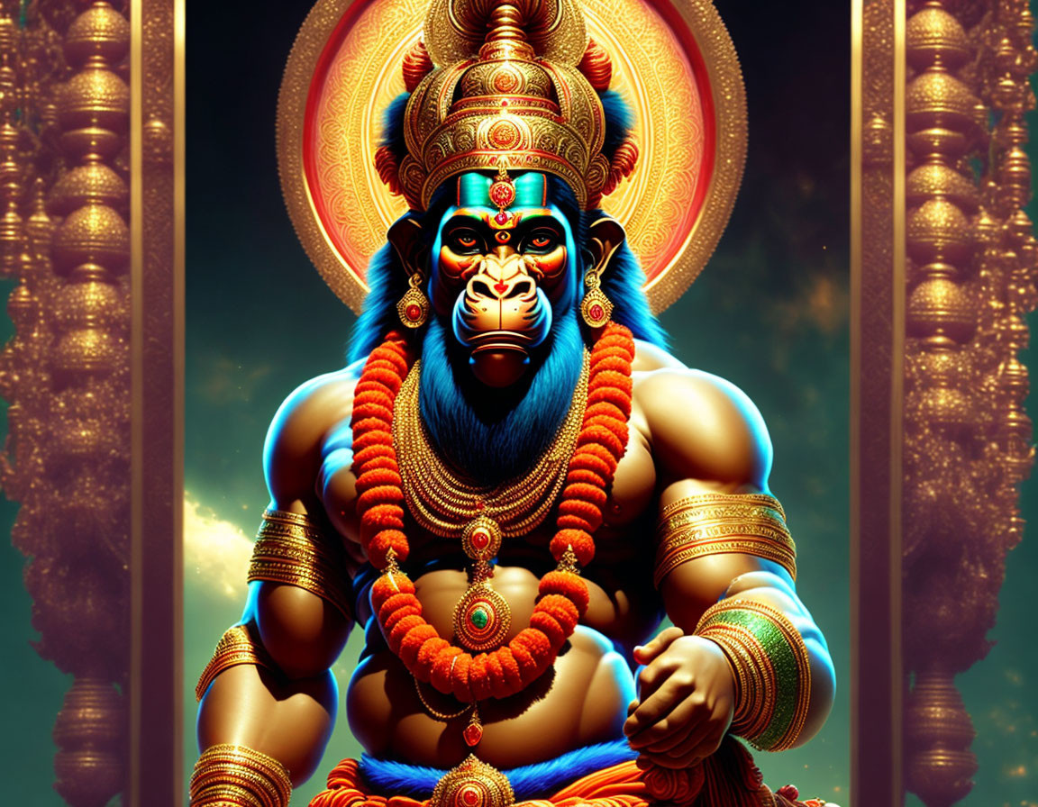 Vibrant Lord Hanuman digital artwork with blue face and traditional jewelry