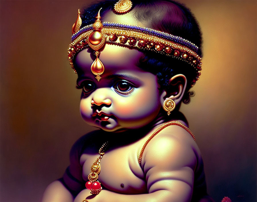 Baby adorned with traditional Indian jewelry and headpiece.