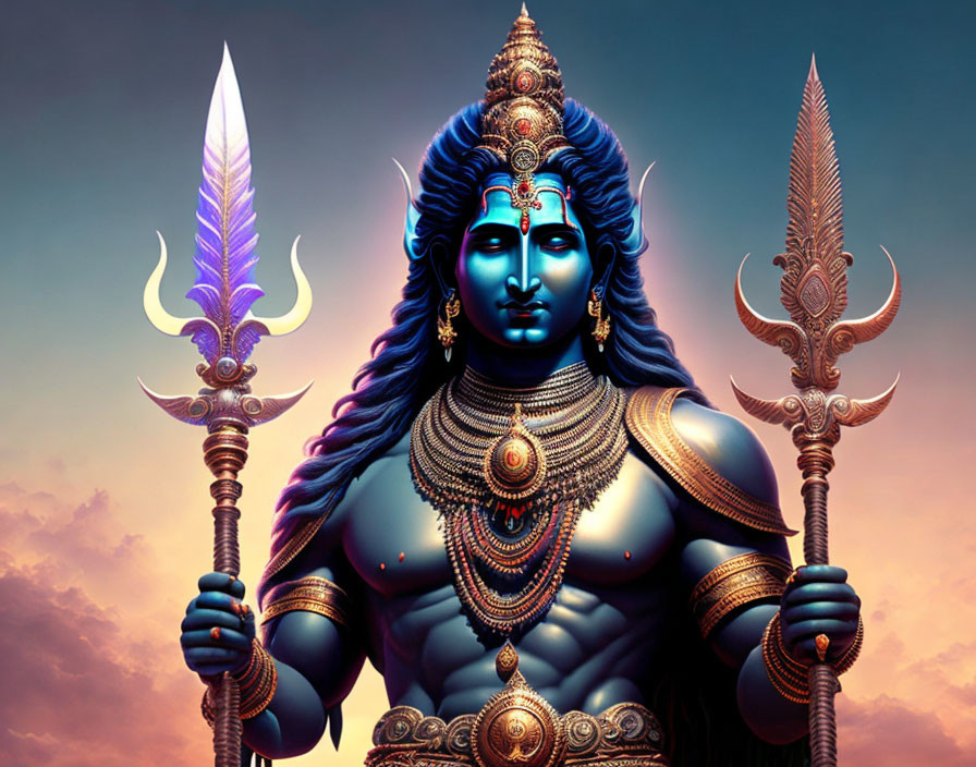 Blue-skinned figure with multiple arms in golden jewelry and weapons under twilight sky