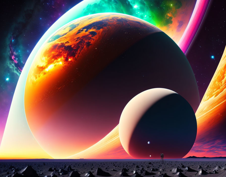 Colorful digital art: planets, auroras, rocky landscape under starry sky