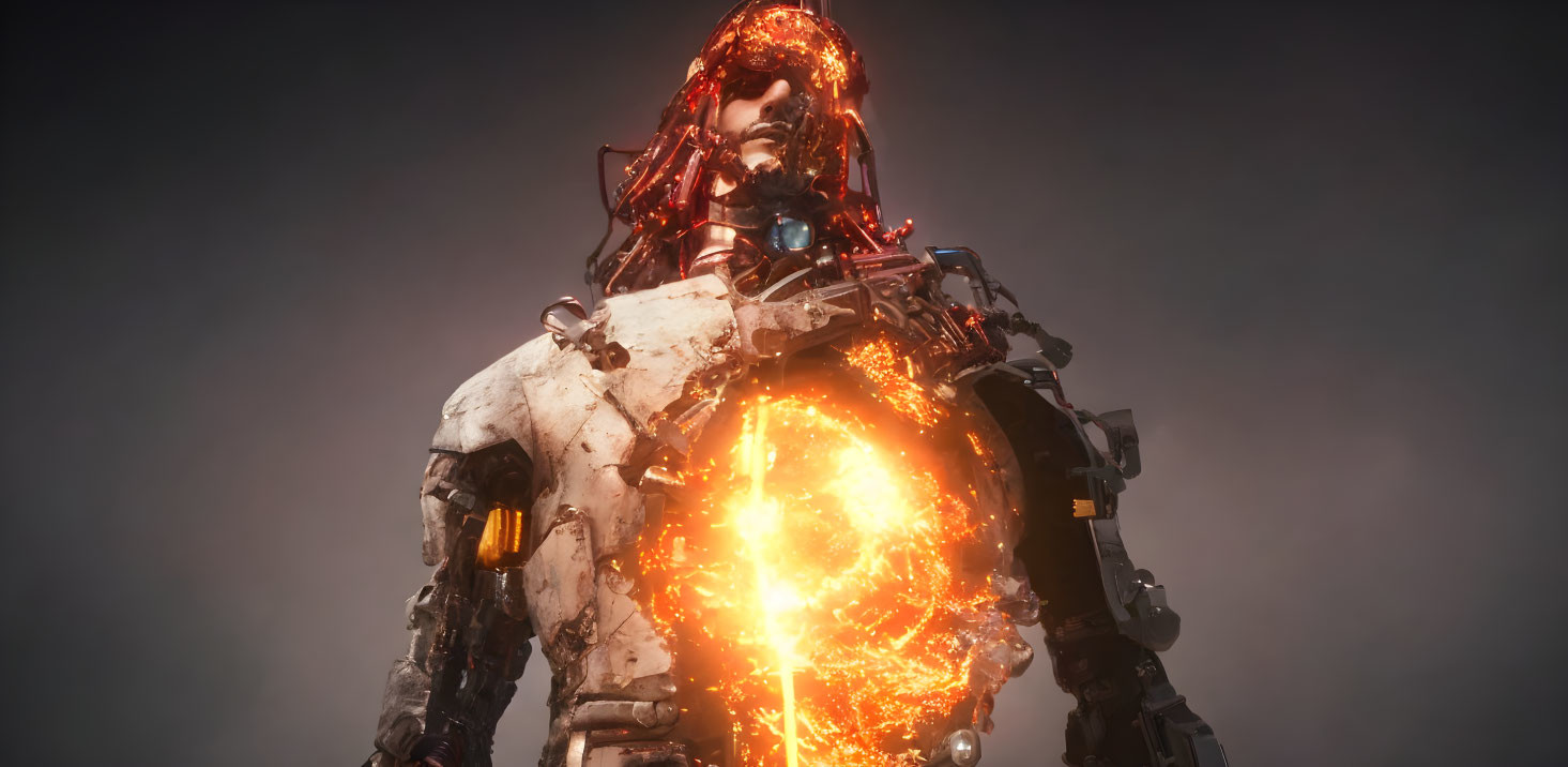 Futuristic female cyborg with red hair and glowing orange energy core on dark background