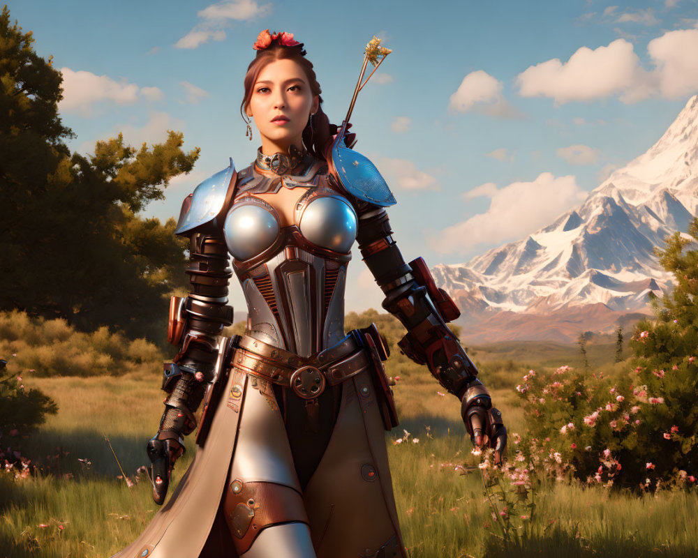 Female warrior in ornate armor in serene meadow with snowy mountain background