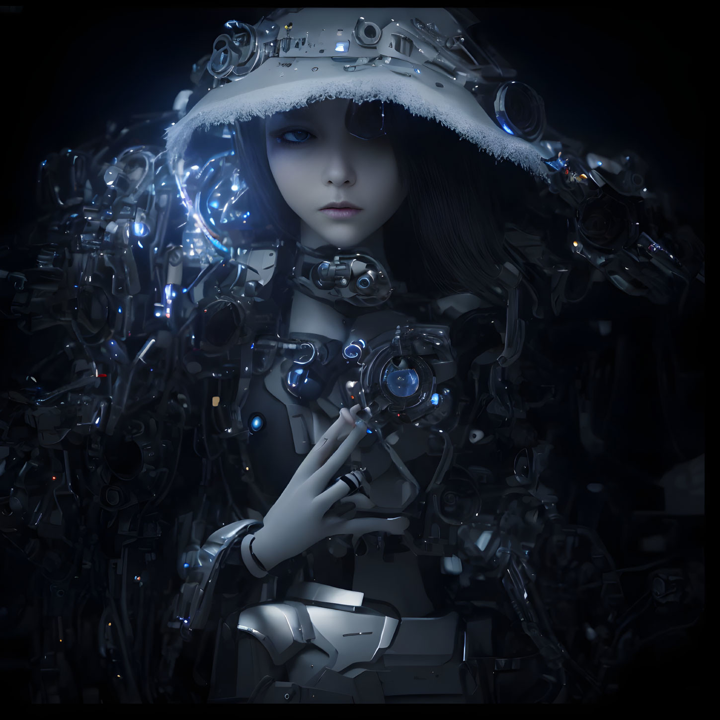 Female-Looking Android in Futuristic Mechanical Suit with Robotic Arms