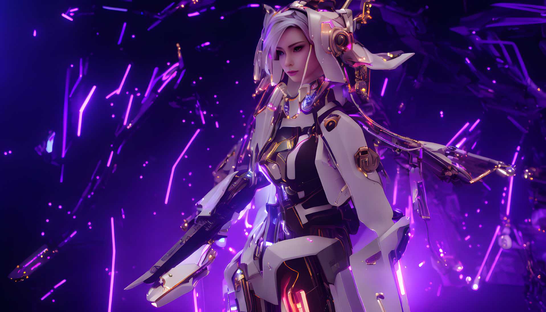 Female humanoid robot in futuristic armor on purple background with white hair