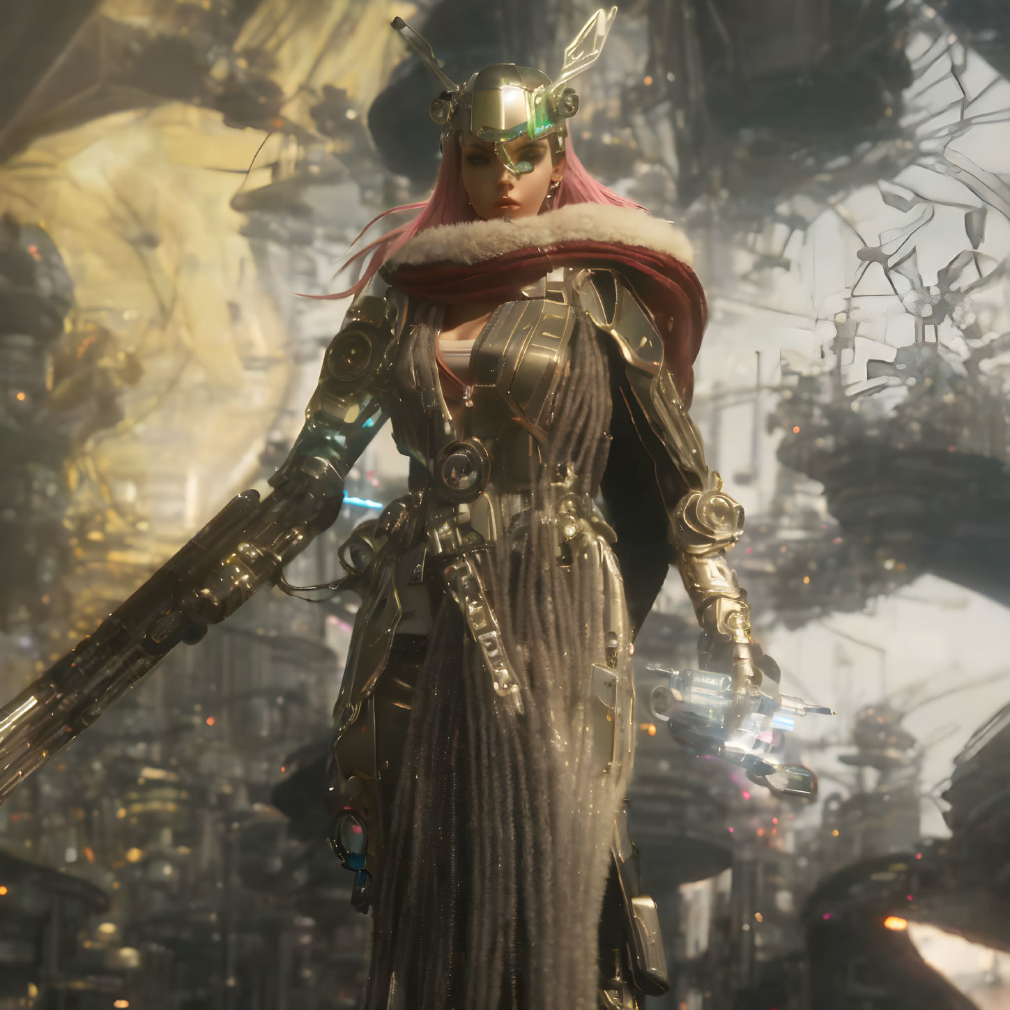 Futuristic warrior in armor with helmet and cape in front of mechanical cityscape