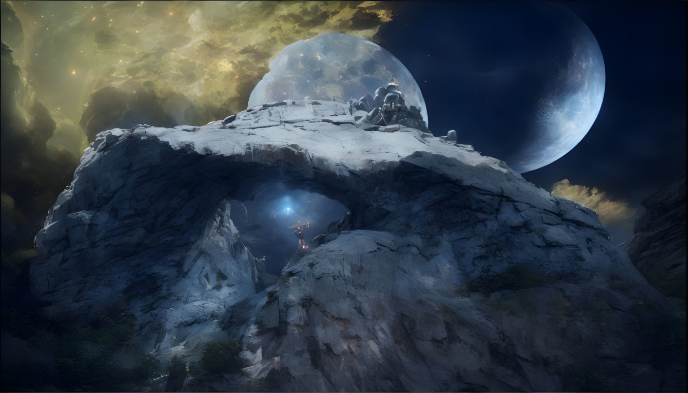 Fantastical landscape with rocky archway, glowing figure, moon, and night sky