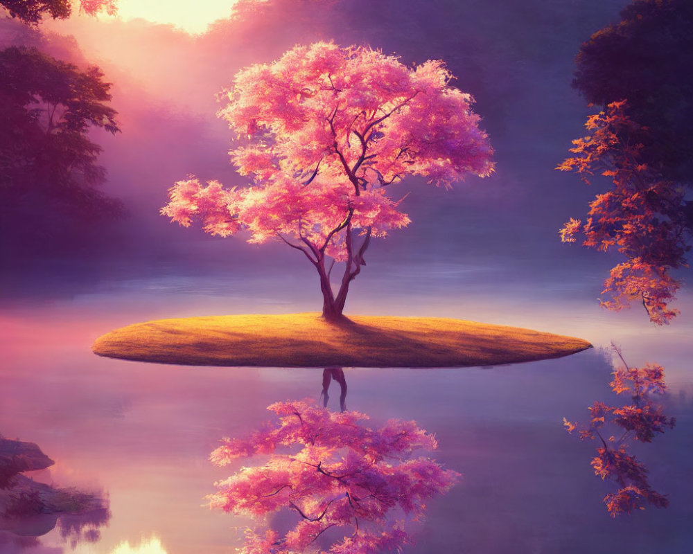 Pink Foliage Tree on Island Reflecting in Water at Sunrise or Sunset