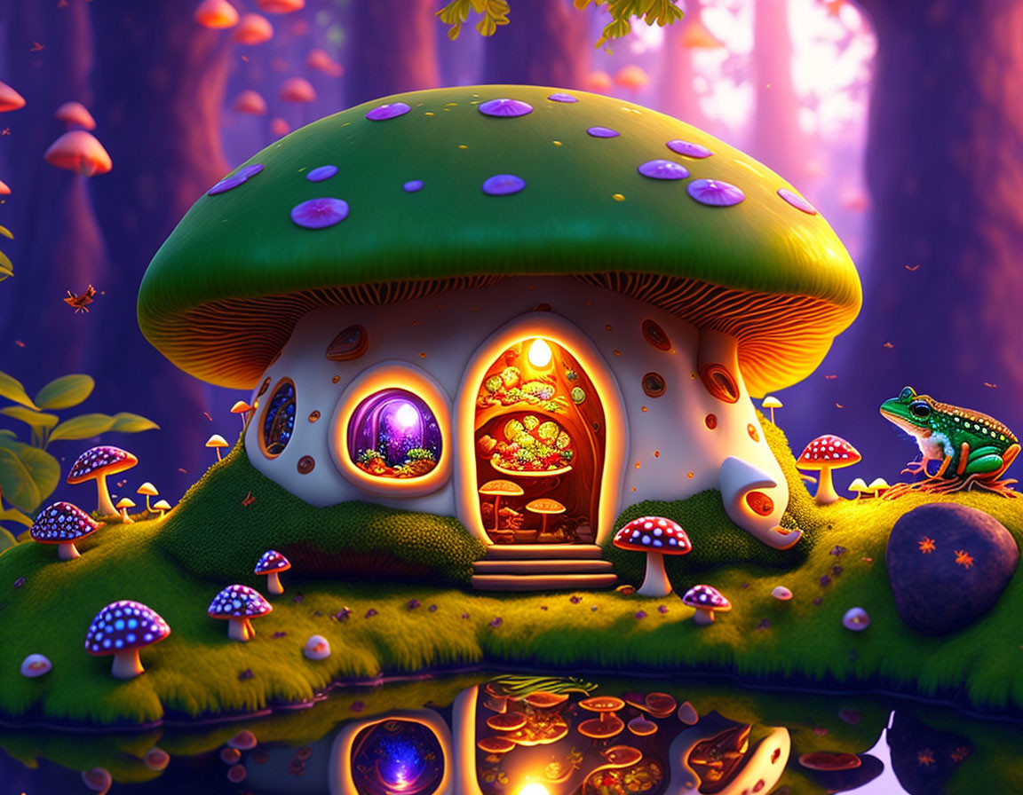 Whimsical illustration of large green mushroom house with glowing door, windows, colorful frog nearby