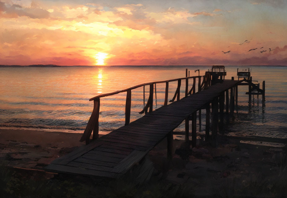 Tranquil Ocean Sunset with Wooden Pier and Birds