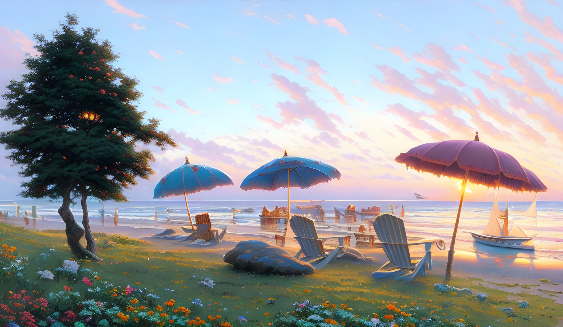 Tranquil Sunset Beach Scene with Lounge Chairs, Parasols, and Boats