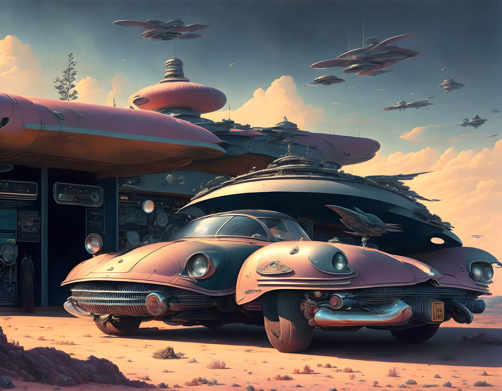 Retro-futuristic artwork featuring vintage cars and flying saucers in a pinkish sky