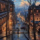Dusk Street Scene with Cobblestones and Vintage Cars