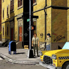 Vibrant Urban Street Scene with Taxi and Graffiti