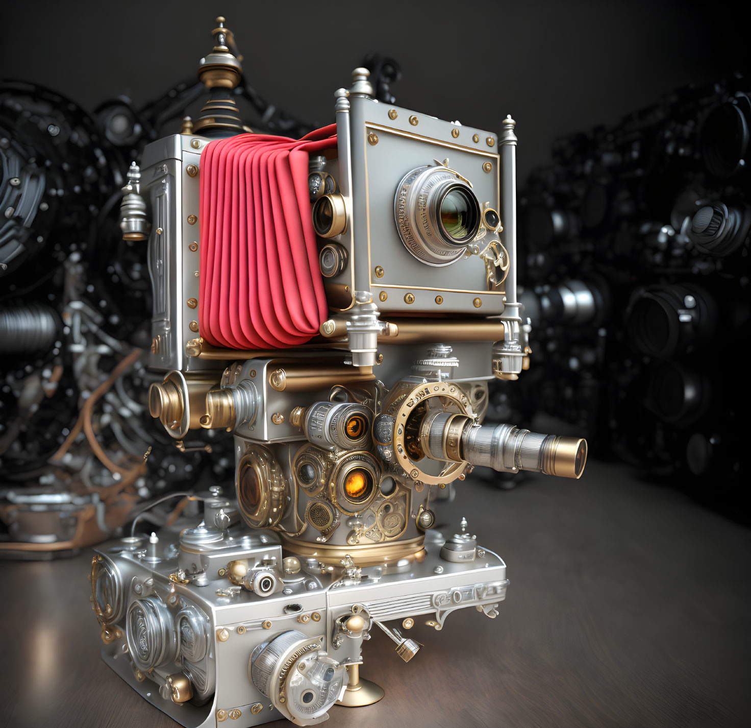 Intricate Steampunk-Style Camera with Gears and Piping