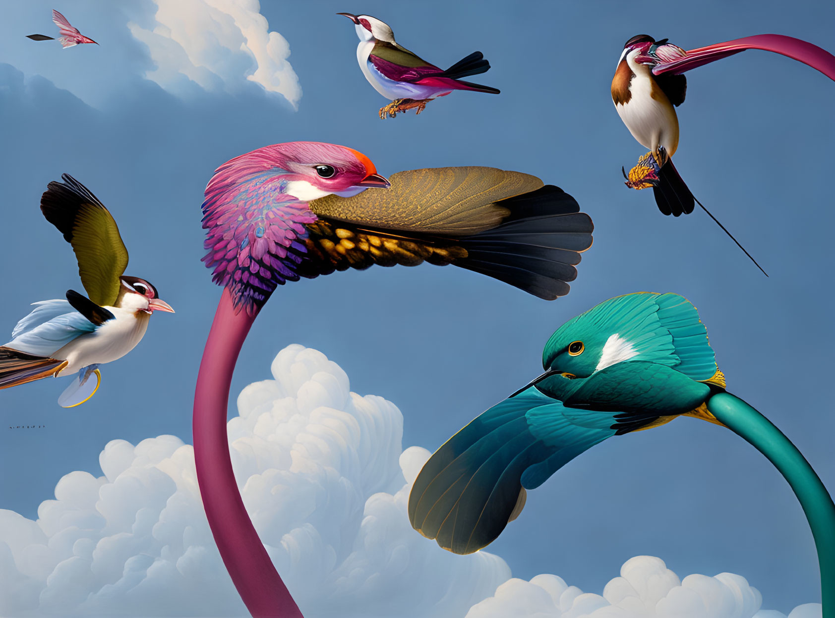 Vibrant surreal birds with elongated features in flight against fluffy cloud sky