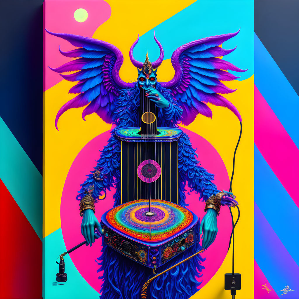 Colorful surreal creature DJing on psychedelic turntable