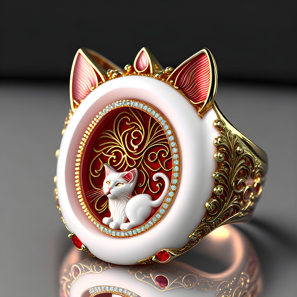 White Cat Motif Ring with Red and Gold Detailing and Gemstones