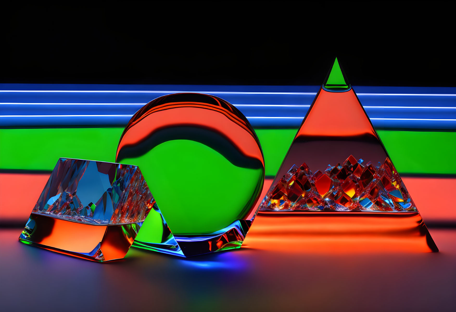 Translucent Prism, Sphere, and Pyramid Illuminated by Neon Lights