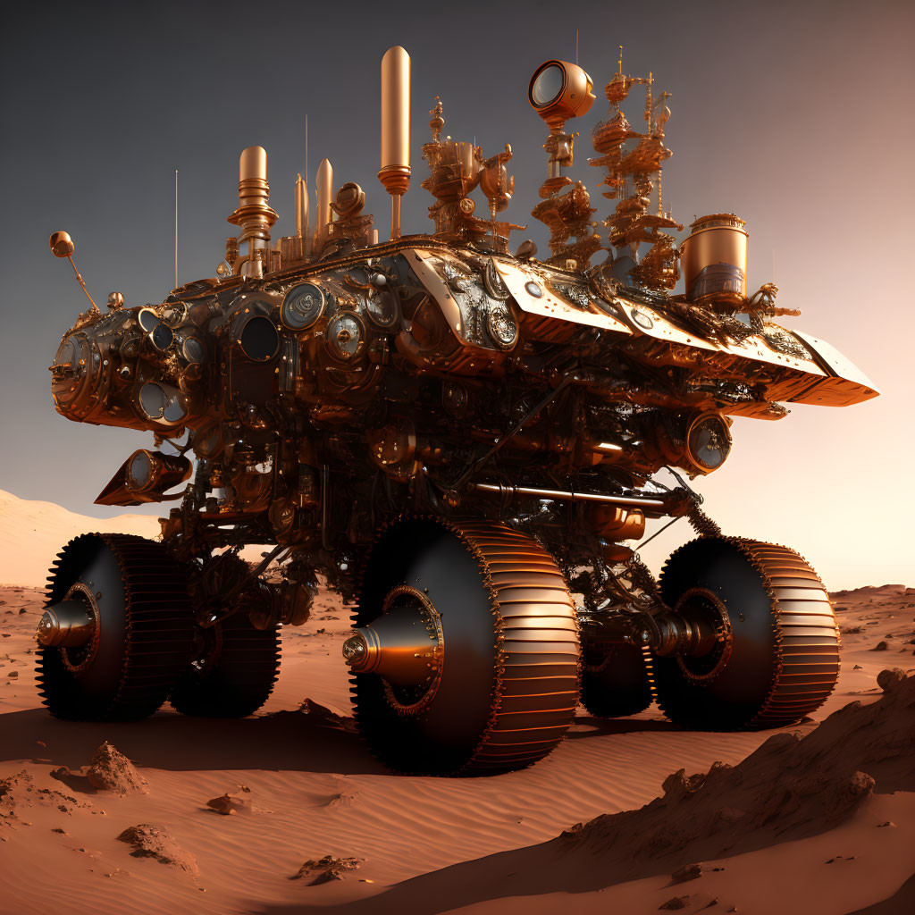 Steampunk-style rover exploring red desert terrain