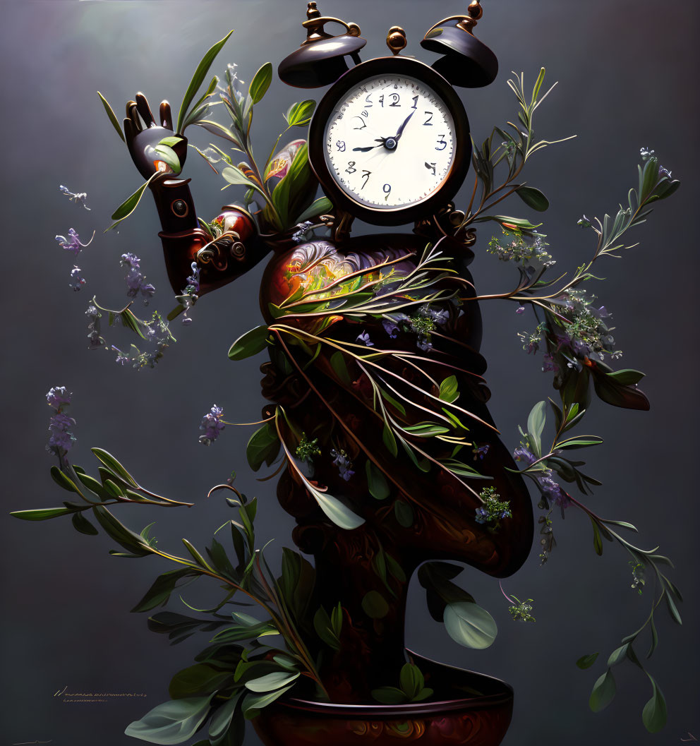 Surreal floating clock with greenery, flowers, and robotic fingers on dark background