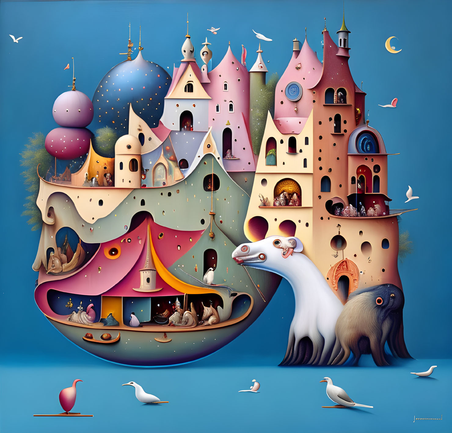 Whimsical fairytale castle town on white weasel-like creature