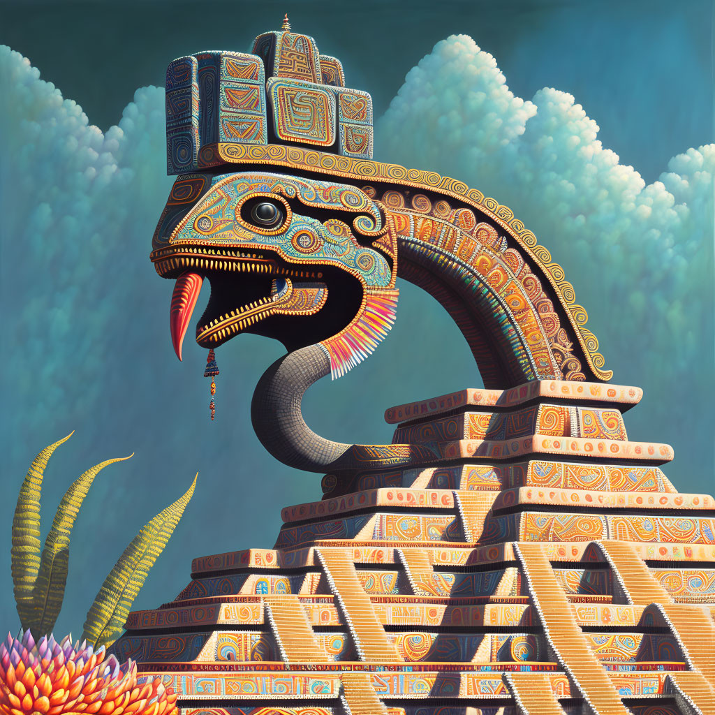 Stylized serpent head on pyramid with Mesoamerican themes