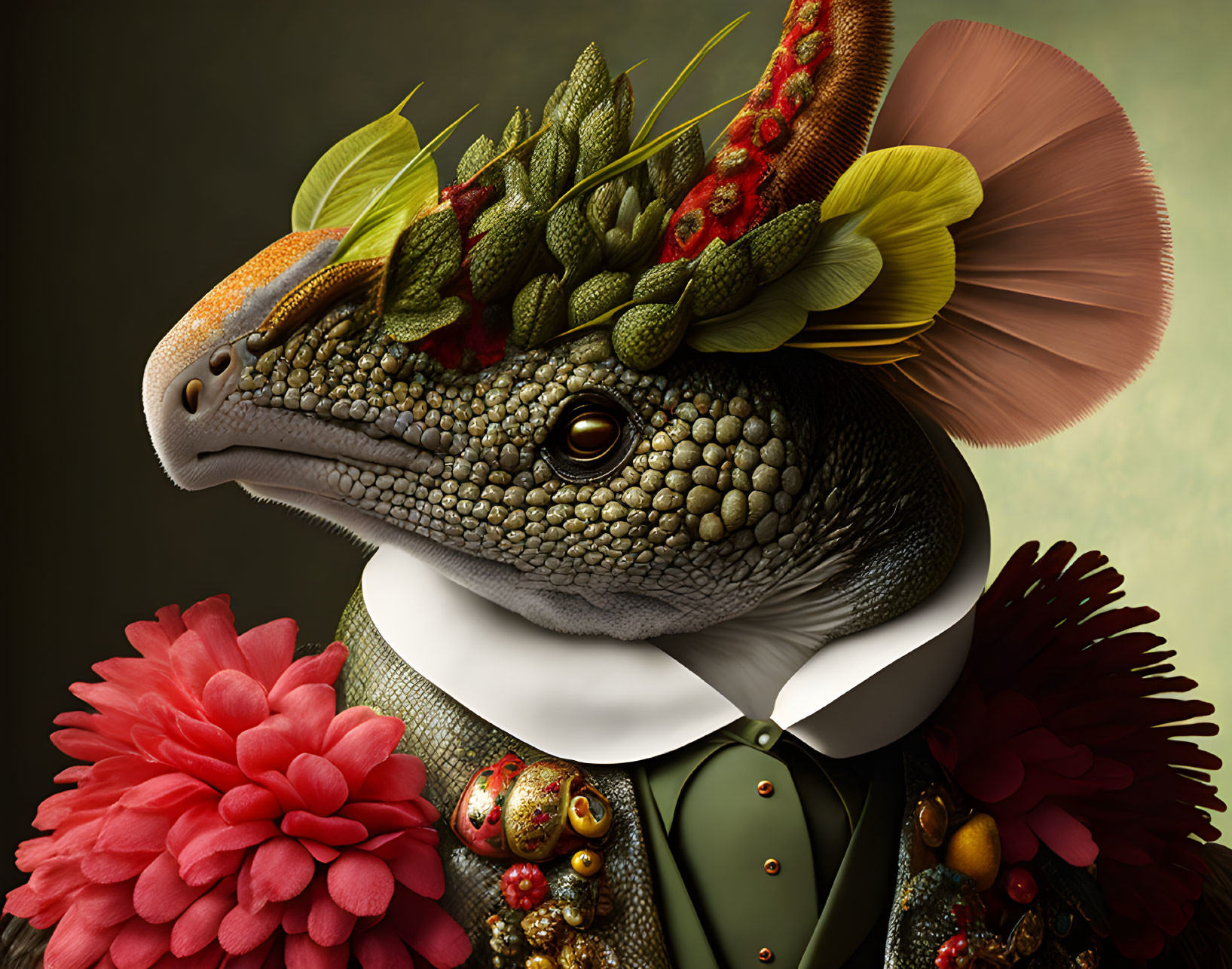 Colorful lizard in human attire with headdress, flower, and ornate jacket