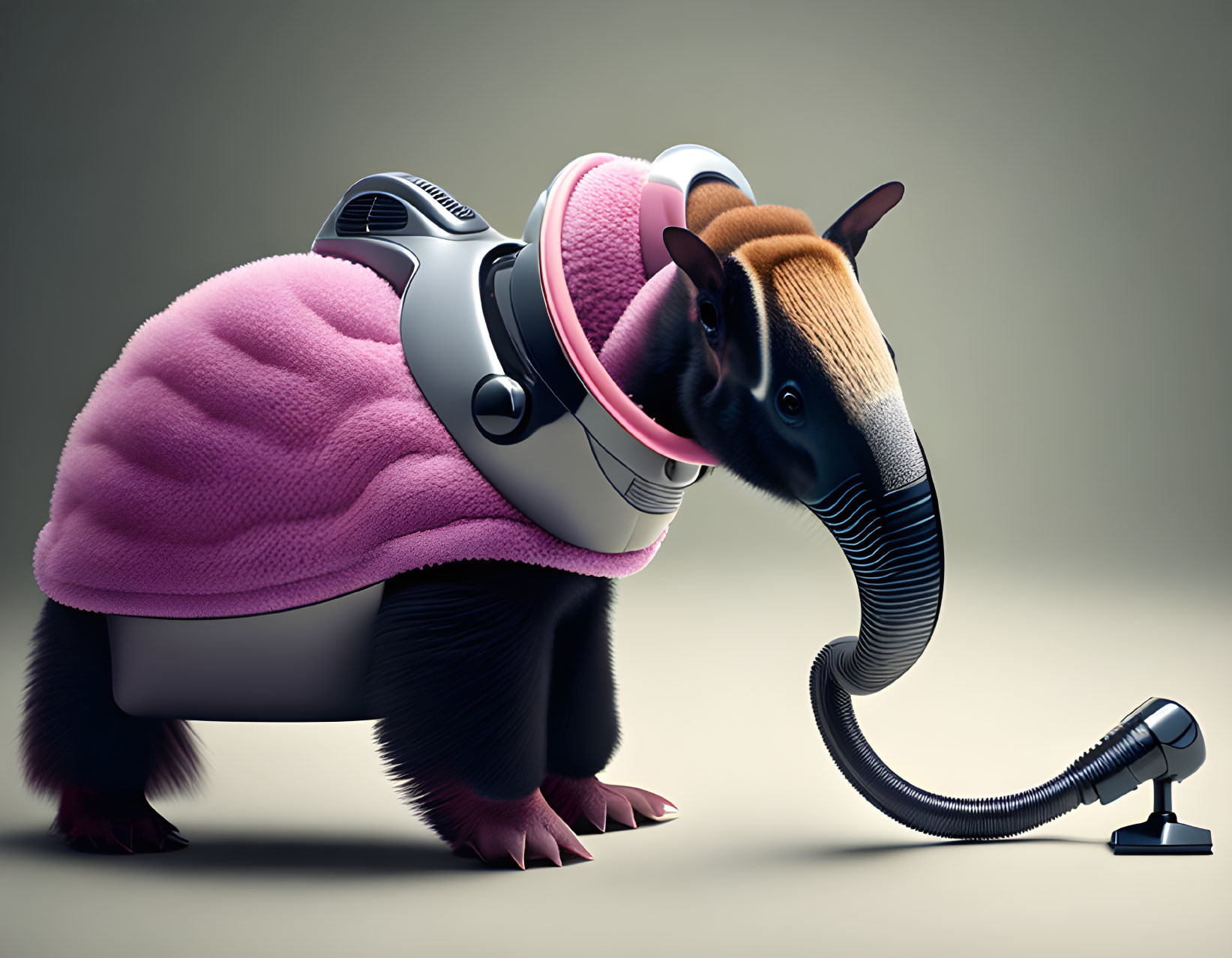 Whimsical anteater in pink vest and space helmet vacuuming ground