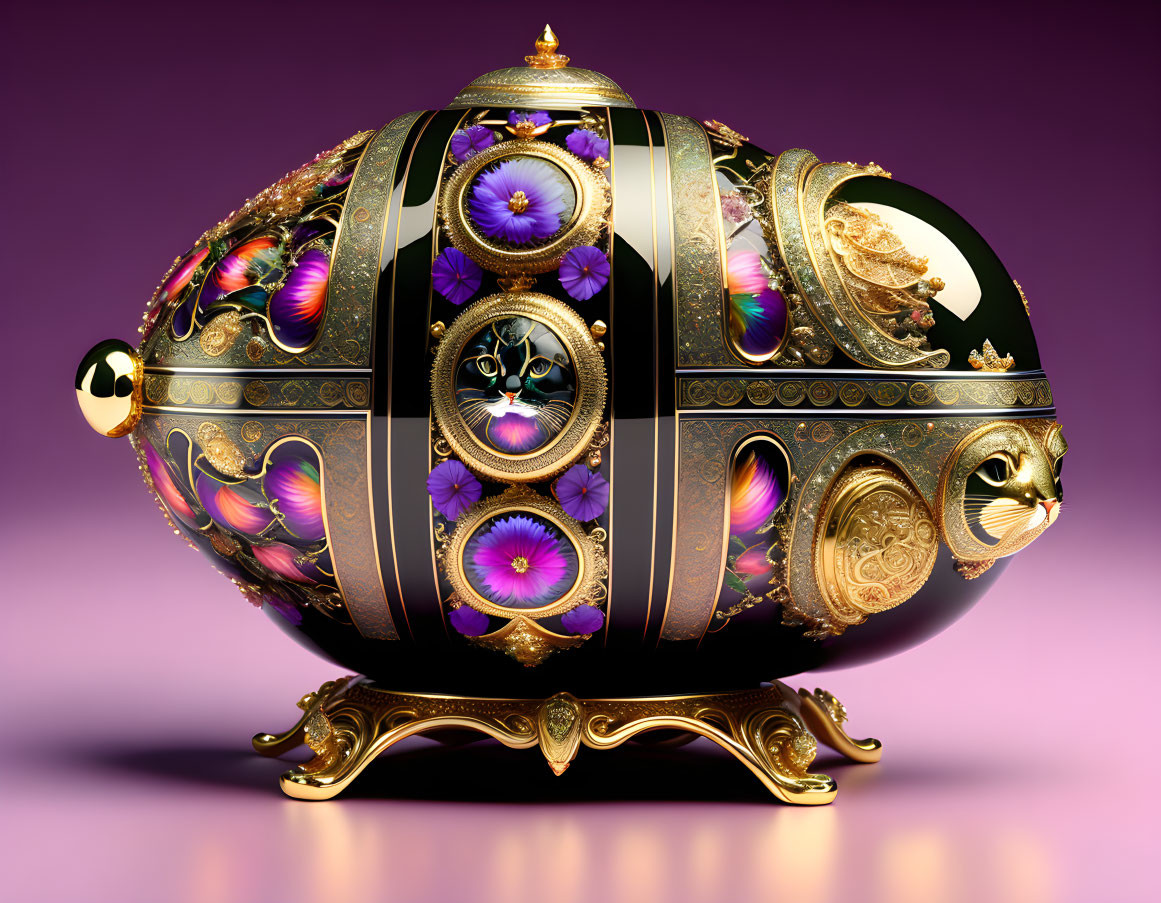 Jewel-Encrusted Ornate Egg on Dark Stand with Purple Background