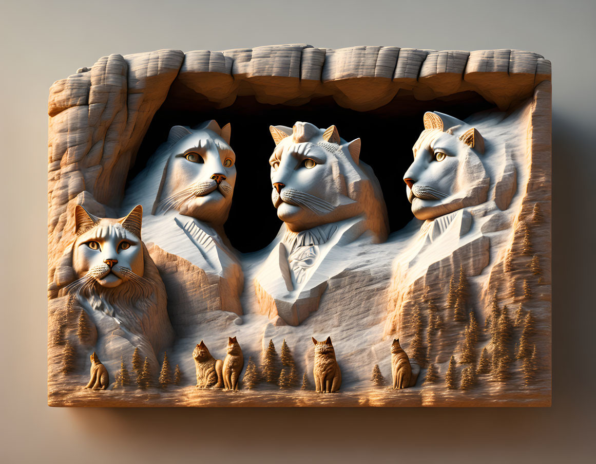 Wooden relief artwork featuring composite cat-faced figures in a mountainous landscape