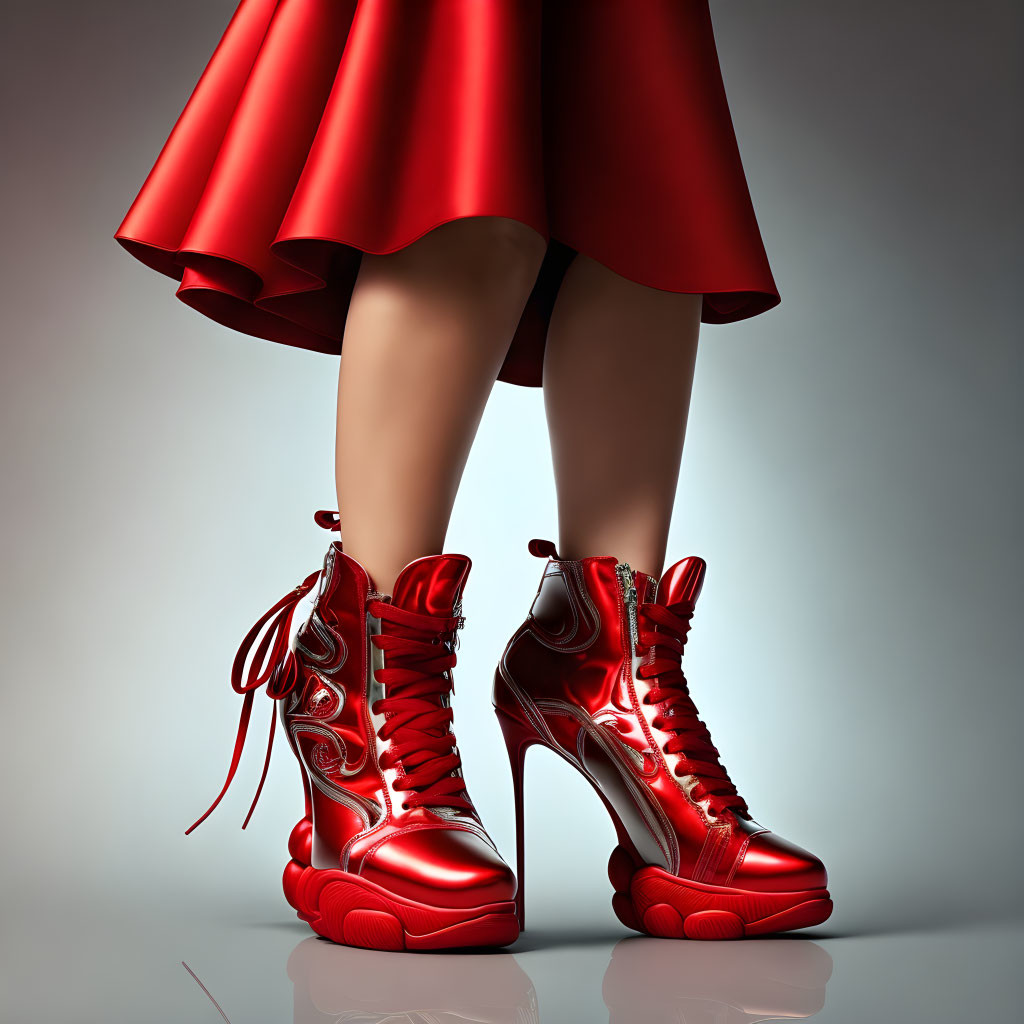 Person in Red Platform Boots and Flared Skirt on Grey Background