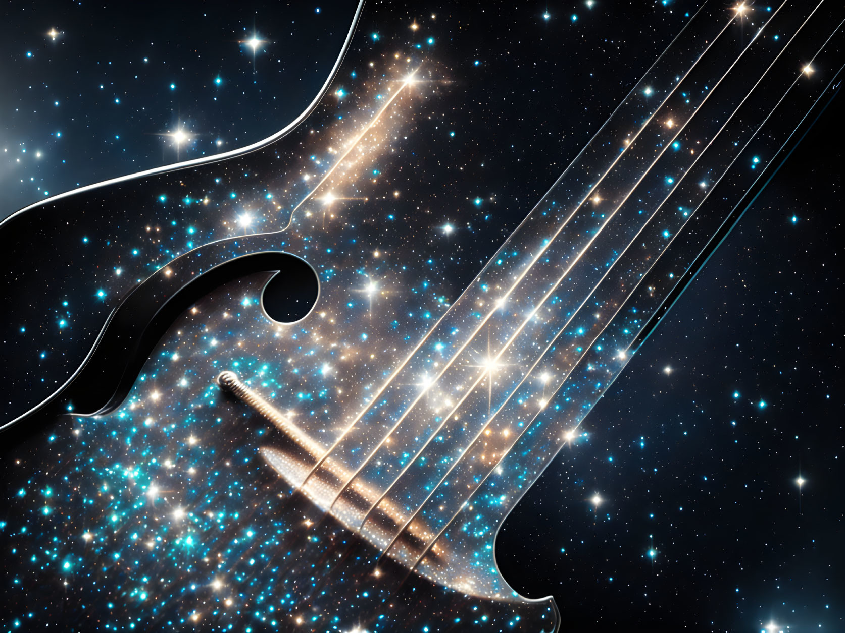 Cosmic-themed violin against star-studded galaxy backdrop