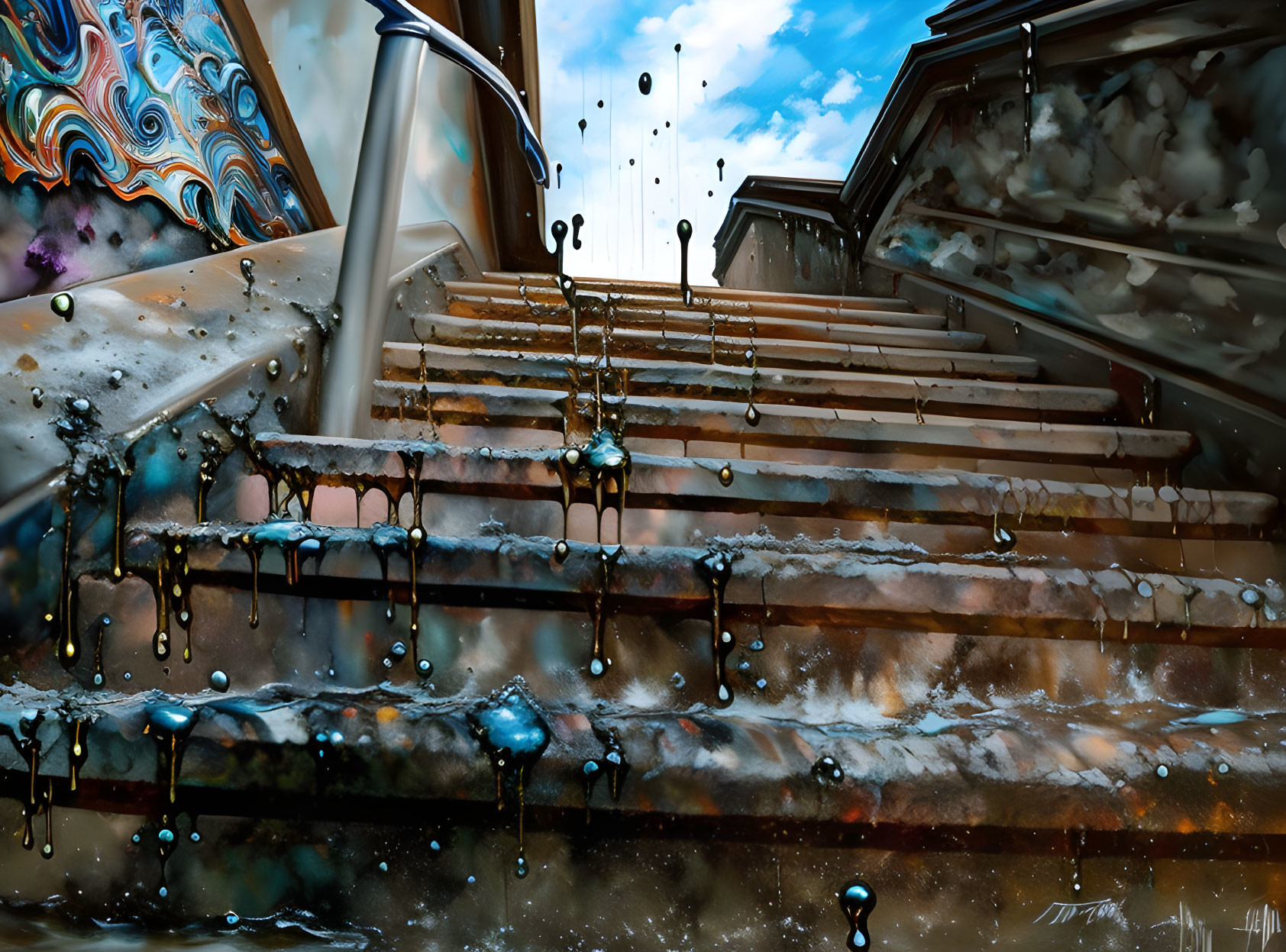 Surreal staircase with melting steps under floating droplets