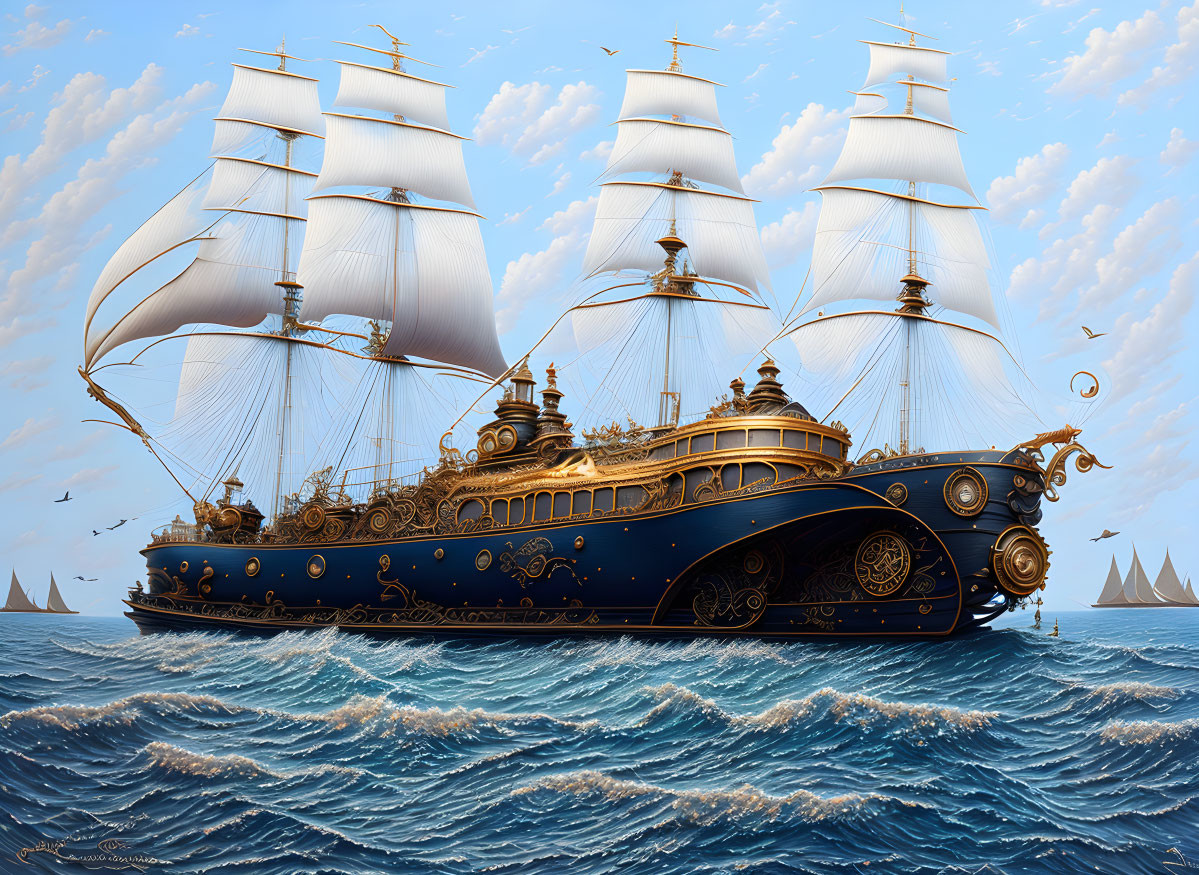 Elaborate golden designs on blue sail-powered ship sailing on calm sea