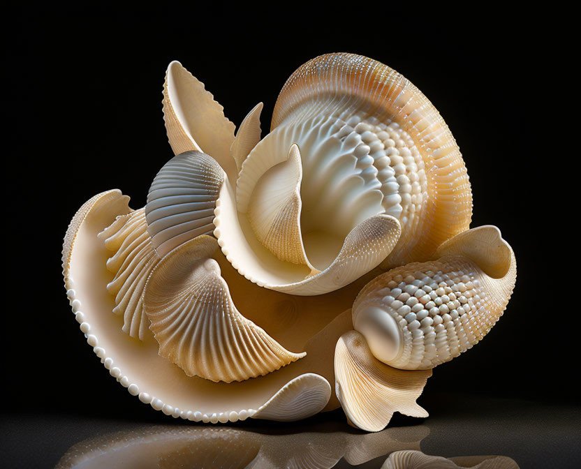 Detailed White Shell Flower Sculpture on Black Background