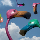 Vibrant surreal birds with elongated features in flight against fluffy cloud sky