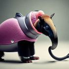 Whimsical anteater in pink vest and space helmet vacuuming ground