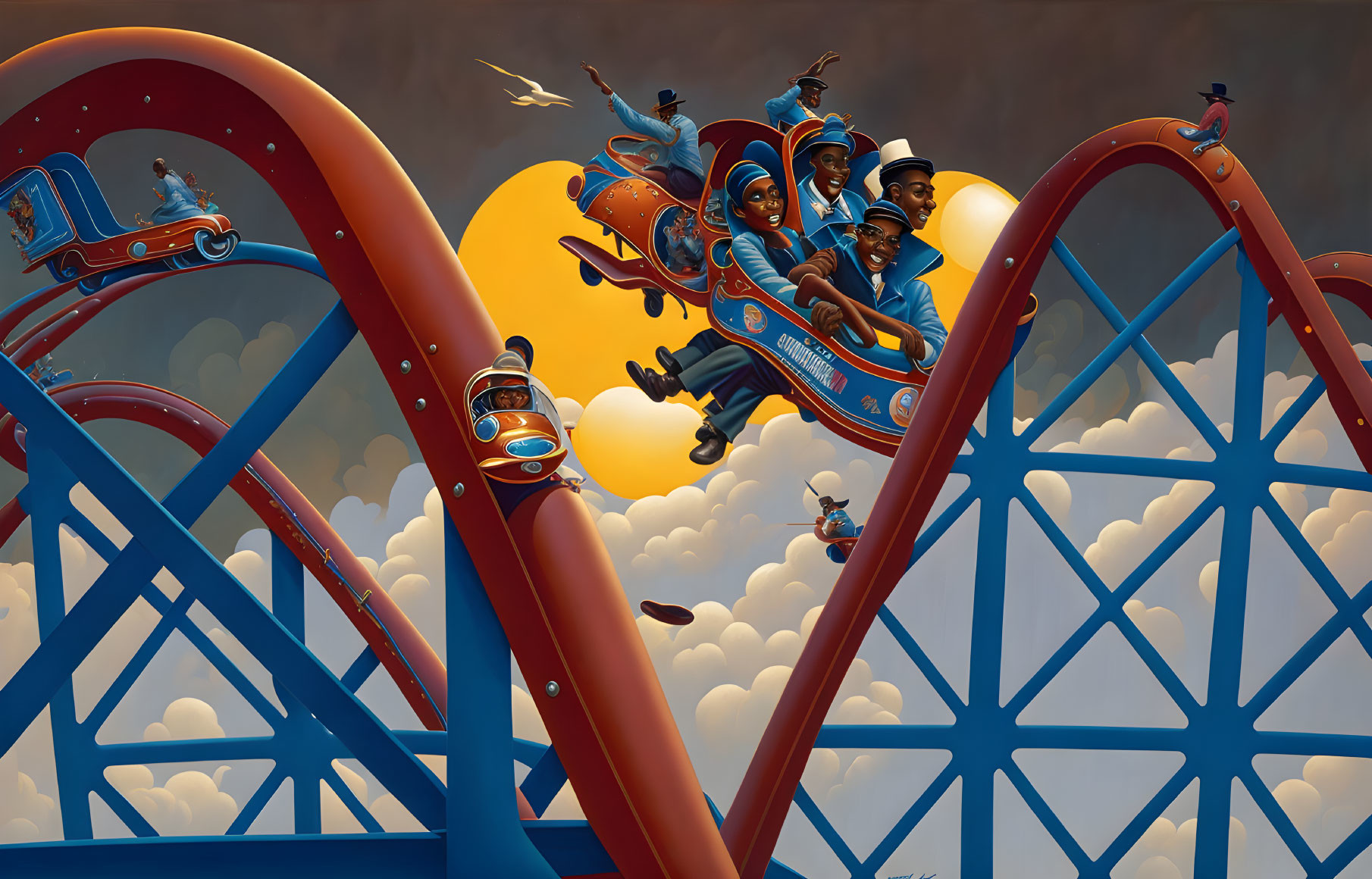 Illustration of people on a roller coaster in the clouds at sunset