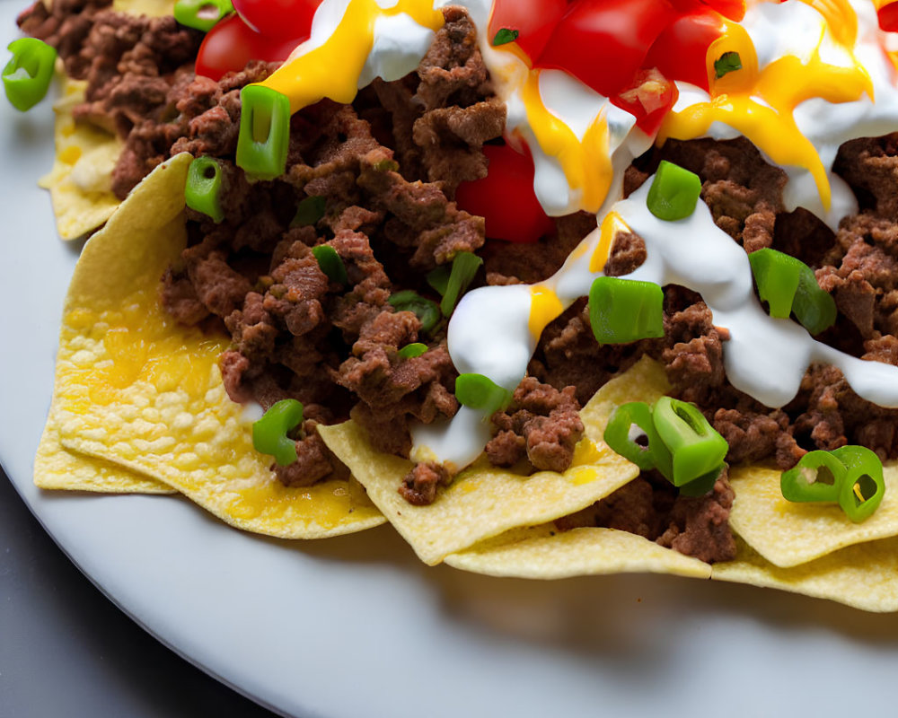 Nachos with Seasoned Ground Beef, Melted Cheese, Tomatoes, Sour Cream, and