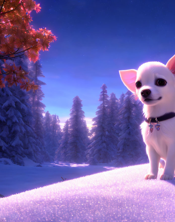 Small White Dog on Snowy Hill at Twilight with Pink Sky