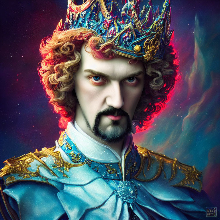 Regal figure in ornate gold and blue crown against cosmic nebula.