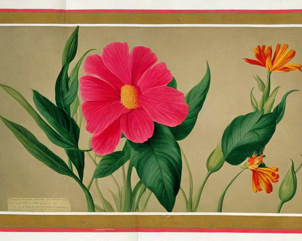 Detailed botanical illustration of vibrant pink flower, orange blossoms, and green foliage on beige.