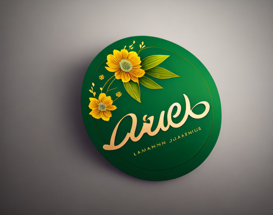 Circular green design with yellow flowers & gold "Aztek" script - small text below