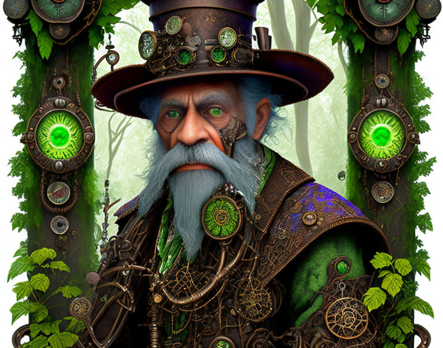 Steampunk-themed character with mechanical hat and goggles in cogwheel forest.