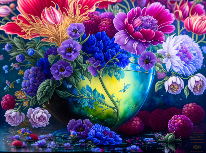 Colorful bouquet painting with flowers and berries on dark background