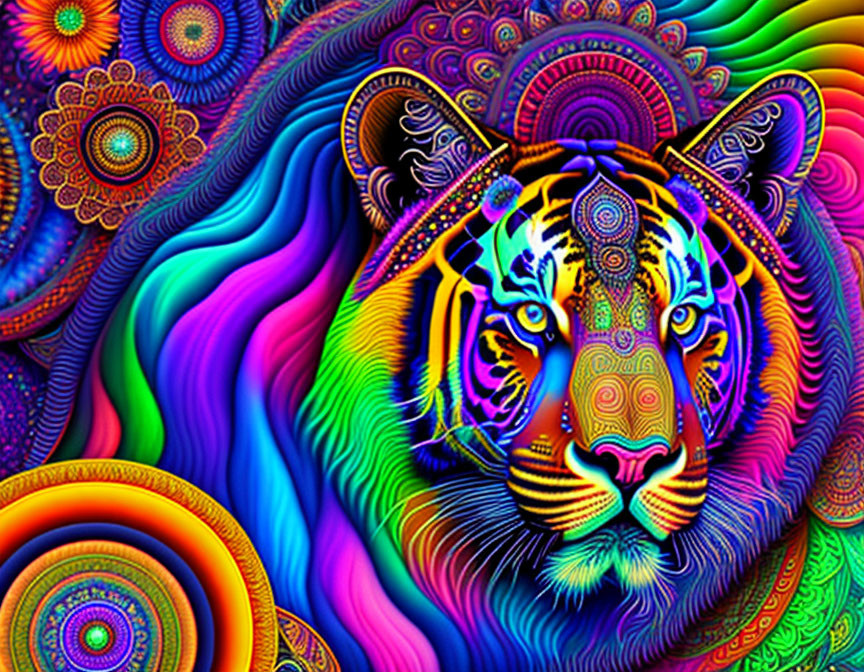 Colorful Psychedelic Tiger Artwork with Swirling Designs