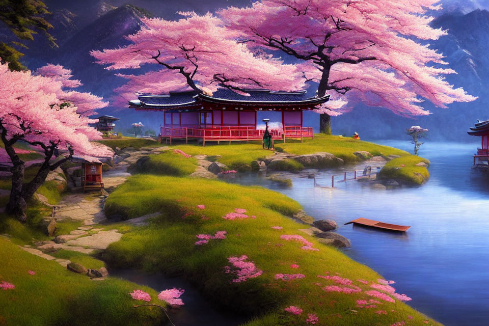 Tranquil landscape with red building, cherry blossoms, river, and greenery