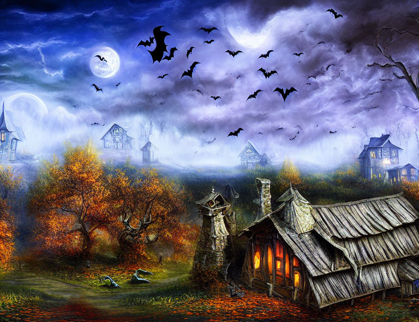 Spooky Halloween-themed image with haunted house, bats, full moon, and autumn trees