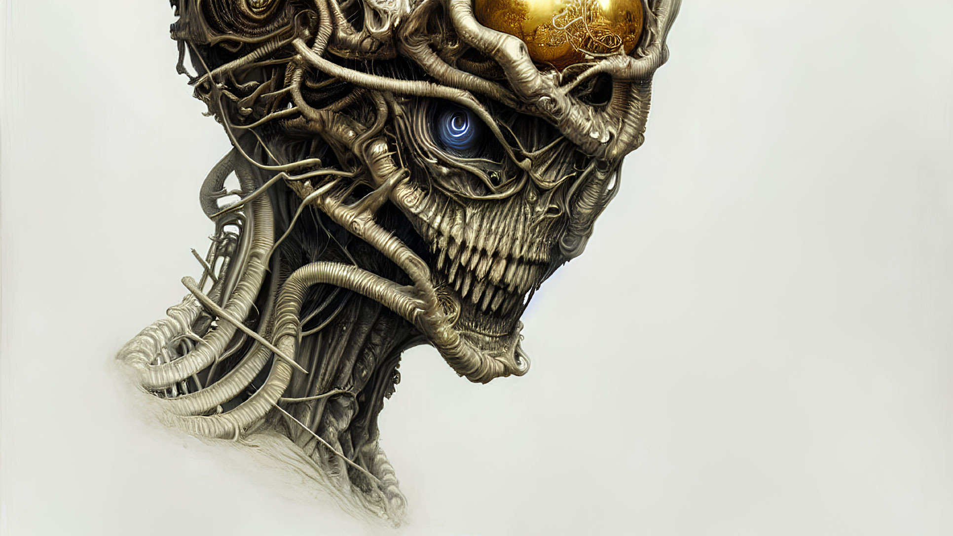 Surreal skull illustration with biomechanical features and blue eye