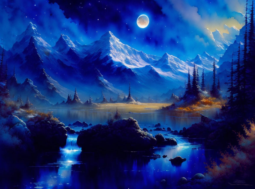 Tranquil night landscape: Blue mountains, starry sky, full moon, reflective river